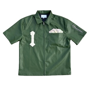 OEM Custom Logo Distressed Applique Embroidery Pu Leather <b>Shirt</b> Custom Short Sleeve Hip Hop Pu Leather Casual <b>Shirt</b> For Men - Product Image 6