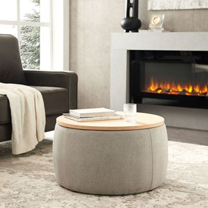 Pouf Contenitore Rotondo Grigio 2 in 1 65x65x37 cm - Tavolino Funzionale e Pouf - Product Image 1
