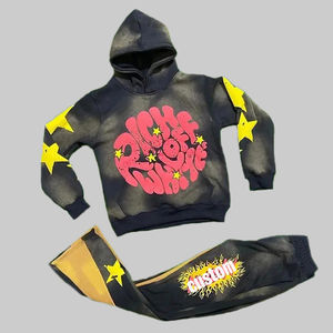 Fabricants de vêtements : Survêtements d'hiver pour hommes en coton, coupe évasée, style vintage délavé à l'acide et effet soleil, avec impression en relief - Product Image 1