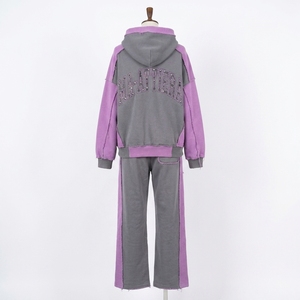 Custom Gray <b>Purple</b> Color Block Hoodie Wide Leg Sweatpants Set Cotton Fleece Streetwear <b>Tracksuit</b> OEM Wholesale - Product Image 4