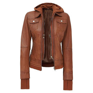 Women's Brown Genuine Leather Bomber Motorcycle Jacket Full Sleeve Breathable <b>Zipper</b> Closure Regular Length Autumn Style - Product Image 1