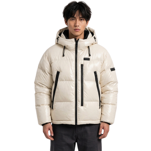 Polyester Insulated Glossy Olive Mens Puffer Jacket High Stand Collar Thick Quilted Weatherproof <b>Long</b> Cuffed Bubble <b>Coats</b> - Product Image 5