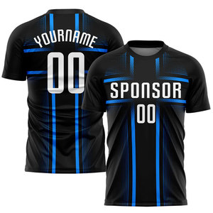 Camiseta de Fútbol Personalizada a Rayas Azules y Negras, Manga Corta, Unisex, Absorbe la Humedad, 100% Poliéster, Impresión Sublimada, Talla Grande - Product Image 1