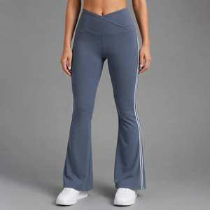 Simple High Waisted Flared <b>Leggings</b> with Side Stripe Solid Color Seamless Elastic Waist Full Length Yoga Pants Polyester - Product Image 1