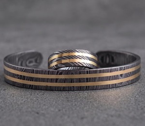 Conjunto de Anillo y Brazalete de Acero de Damasco |   Joyería para hombre con incrustaciones de latón forjado a mano, forma de luna, 9 mm de ancho, 2-3 mm, regalo de moda - Product Image 4