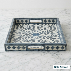 Plateau de service rectangulaire mobile en os incrusté, motif floral, fait main, pour table basse ou ottoman, décoration d'intérieur, cadeau pour le Ramadan - Product Image 3