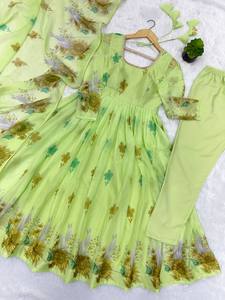 ชุดเดรสออร์แกนซ่าคอแต่งลูกไม้ลายดอกไม้สำหรับผู้หญิง - แห้งเร็ว ยับยาก ใส่ได้สองด้าน ความยาวระดับข้อเท้า - Product Image 6