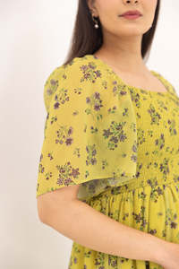 Vestido Midi Floral Amarillo de Gasa con Cuello Cuadrado y Mangas con Volantes, Estilo Boho, Ropa Casual de Verano, Estampado Floral Verde - Product Image 3
