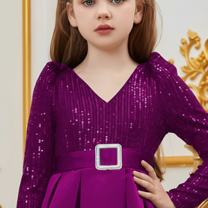 Vestido de Lujo para Niñas con Lentejuelas y Bordado de Terciopelo, Cuello en V, Manga Larga, Color Morado, para Eventos Formales, Bodas y Fiestas 2026 - Product Image 5