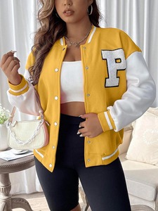 Veste universitaire jaune et blanche pour femme, manches longues, imprimé lettres P scintillantes, col boutonné, vêtement d'extérieur pour l'automne - Product Image 5