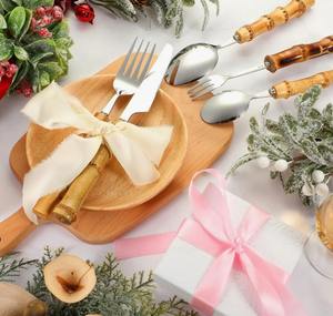 Ensemble de couverts haut de gamme en bambou, 60 pièces, acier inoxydable 18/8, pour 12 personnes, au meilleur prix - Product Image 3