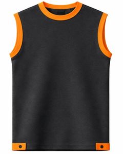 Conjunto de dos piezas para hombre, camiseta sin mangas negra y pantalones cortos, conjunto informal de verano de algodón con ribete naranja y cordón ajustable. - Product Image 1