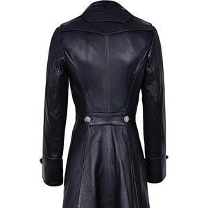 Abrigo Largo de Mujer, Estilo Gabardina, en Cuero Sintético Negro, Vintage, con Doble Botonadura y Cuello de Solapa - Product Image 4