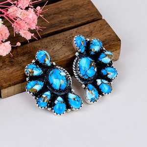 Ice <b>Blue</b> Turquoise <b>Stud</b> <b>Earrings</b>, 925 Sterling Silver Southwestern Boho <b>Earrings</b>, Natural Gemstone Jewelry Gift for Her - Product Image 1