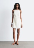 Robe mini en lin mélangé pour femme, sans manches, col mandarin, avec liens latéraux, unie, décontractée, été, vente en gros