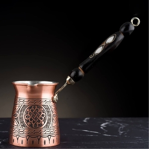 Antique Copper Turkish <b>Coffee</b> Pot Engraved Cezve Ibrik Stovetop Butter Milk <b>Warmer</b> <b>Coffee</b> Maker Pot with Long Wooden Handle - Product Image 3