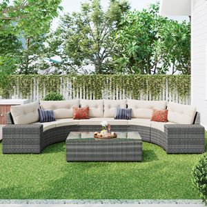 8 Piece All-Weather Outdoor <b>Wicker</b> Garden Set Half Moon Sectional with Curved Sofa and Rectangular <b>Coffee</b> <b>Table</b> PE Material - Product Image 1