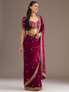 Sari en Georgette Bourgogne Brodé avec Bordure en Dentelle à Paillettes, Robe Traditionnelle pour Femme pour Mariage, Fête, Festival - Product Image 6