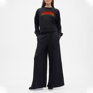 OEM Autumn Women <b>Tracksuit</b> Fashion Flared Pants Set Long Sleeve Sweatshirt Cotton Fleece Print Logo Black Joggers Set - Product Image 4