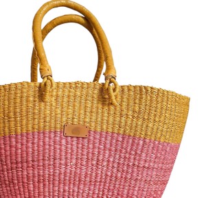 Casual Handmade Seagrass Handbags Leather Handles Pink Burgundy Pattern Woven <b>Straw</b> <b>Tote</b> <b>Bag</b> Summer Purse OEM - Product Image 2