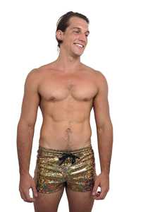 Men's <b>Sequined</b> Drawstring <b>Shorts</b> Gold Holographic Pattern Casual Wear Polyester Fabric Mid Waist <b>Short</b> <b>Shorts</b> - Product Image 4