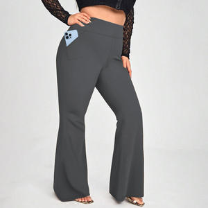 Customized High Waisted Flare <b>Pants</b> With Side Pockets Breathable Knitted Spandex Polyester Casual Spring Wear - Product Image 1