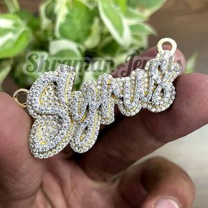 Trendy 925 <b>Silver</b> Custom Name Necklace Natural Diamonds Two-Layered Gold Plated Cursive <b>Initial</b> Iced Hip Hop Style <b>Pendant</b> Gift - Product Image 4