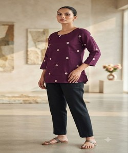Slub Cotton Embroidery Short <b>Kurti</b> <b>Women</b> Ethnic Wear India Pakistan Regular Fit All Seasons 85903 SAHAJANAND- SI:-363 - Product Image 2