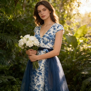 Ventes flash sur Temu |   Jupe longue tendance à imprimé floral bleu, jupe à superposition transparente taille haute pour femmes, idéale pour les soirées cocktails - Product Image 6