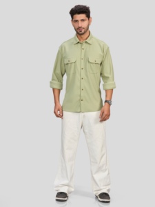 Chemise décontractée pour homme, vert clair, 100% polyester, bouton unique, deux poches, col rabattu, manches longues, séchage rapide, respirante, imprimée - Product Image 2