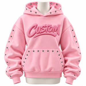 Sudadera Rosa Oversize para Mujer con Diseño de Ojales y Bordado en Relieve, Mangas Regulares, 100% Algodón, Estilo Hip Hop, Novedad de Otoño - Product Image 1