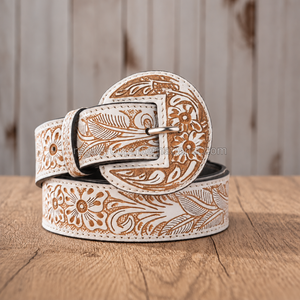 Ceinture Western Tendance en Cuir Grainé Blanc Ornée de Motifs Floraux Gravés à la Main pour Hommes et Femmes – Qualité Supérieure, Motif Floral Marron Gravé, Style Cowboy - Product Image 3