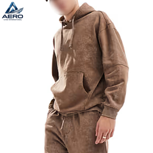 Vintage Faded Light <b>Brown</b> Tracksuit Plain Textured Wash Pullover Hoodie Ribbed Cuff Pants Set Oversized Streetwear - Product Image 2