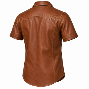 Men Brown Leather Western <b>Shirt</b> Short Sleeve Classic Point Collar Snap Button Front Two Flap Chest Pockets Vintage <b>Cowboy</b> Casual - Product Image 2