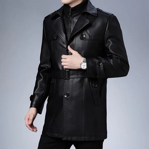 <b>Men's</b> <b>Black</b> PU Leather <b>Long</b> Coat Turn-down Collar Single Breasted Windproof Smart Casual Winter <b>Jacket</b> - Product Image 5