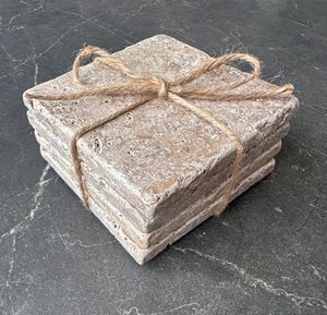 Posavasos redondo de travertino natural con base de corcho antideslizante para vasos y copas de bebidas frías y calientes - Product Image 4