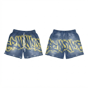 Men Acid Wash <b>Shorts</b> Premium Woven 100% Cotton Custom <b>Sequined</b> Logo Black Green Sporty Elastic Waist Loose Fit Waterproof - Product Image 1