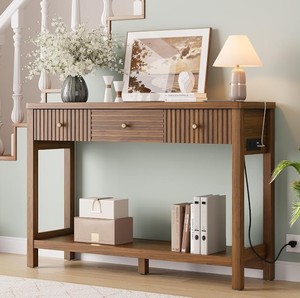 Mesa Consola Moderna de Madera Maciza con Estante de Almacenamiento, Mueble para Recibidor, Sala de Estar o Pasillo, Diseño Escandinavo - Product Image 1