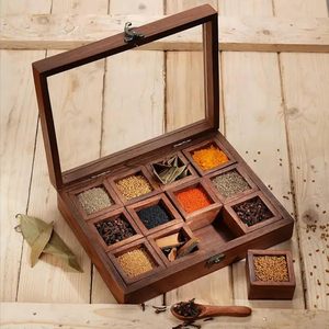 Boîte à épices en bois avec couvercle en verre et compartiments pour herbes, pour le rangement en cuisine - Product Image 5