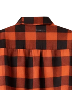 Chemisier court personnalisé à carreaux orange et noir pour femme, col rabattu, manches longues, boutonné, style décontracté, fournisseur OEM - Product Image 6