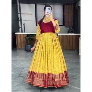 ชุดราตรีผ้าไหมพิมพ์ลาย kalamkari สีเหลืองออกแบบโดยดีไซเนอร์ - Product Image 1