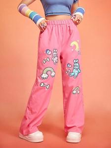 Pantalones Anchos Rosas con Estampado de Dibujos Animados, Cintura Alta Elástica, Estilo Y2K, Pantalones Holgados de Poliéster Transpirable para Mujer - Product Image 4