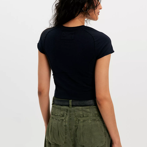 Custom Exposed Seam Short Sleeve Crew Neck Knitted T-Shirt Slim Fit Women's Blue Crop Top Casual <b>Spring</b> Summer Style Women Tees - Product Image 5