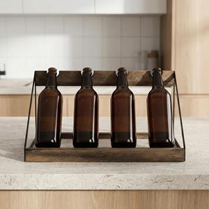 Porte-vin moderne en bois et métal, parfait pour quatre bouteilles, organisateur pour bar à domicile et comptoir de cuisine, fabriqué à la main en Inde - Product Image 3