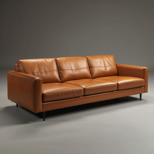Sofá de 3 Plazas de Estilo Moderno de Mediados de Siglo, en Cuero Vacuno Genuino con Acabado en Cuero Marrón, con Líneas Minimalistas y Elegantes para Muebles de Sala de Estar - Product Image 1