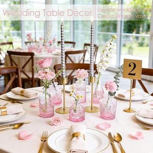 Set di 12 Mini Vasi in Vetro Rosa Vintage per Decorazioni Matrimoniali, Ideali per Fiori Singoli e Centrotavola - Product Image 2