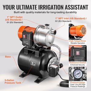 Bomba de Agua Automática para Riego de 1.6 HP, 1320 GPH, Tanque de Presión para Pozos Poco Profundos de 5 Galones, 30/50 P - Product Image 6