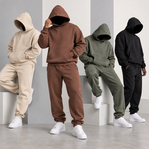 Ensemble survêtement homme en molleton marron, sweat-shirt à capuche et pantalon de survêtement, coupe ample, tenue décontractée deux pièces - Product Image 1