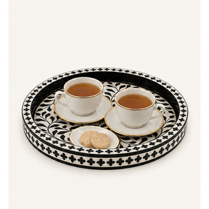 Handmade Modern Bone Inlay Luxury Black <b>White</b> Solid Round Serving Platter Decorative <b>Tray</b> for Coffee Table Home Decor Wedding - Product Image 2