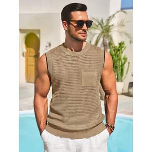 2025 hommes Crochet débardeurs été plage Hippie chemises sans manches avec poche à capuche tricoté T-Shirts trou décoration - Product Image 4